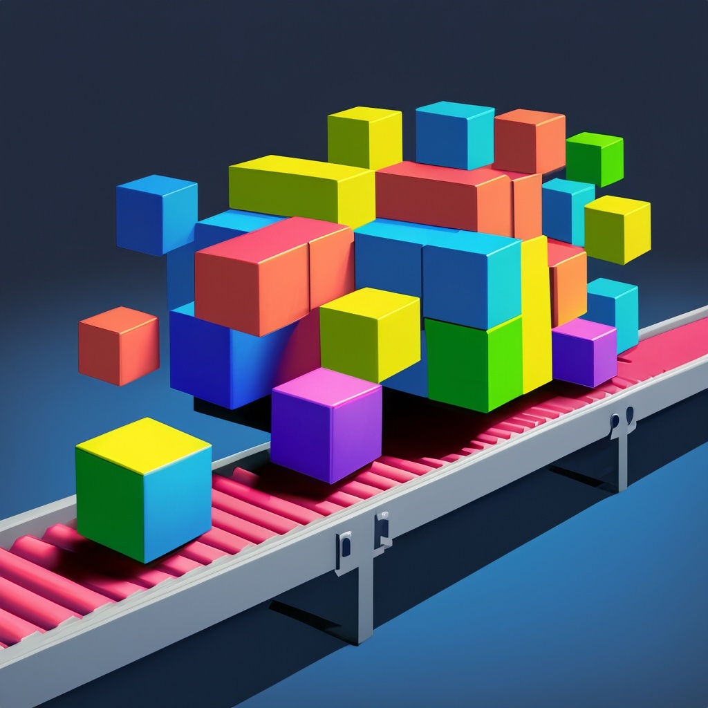 Firefly: colorful cubes on a long conveyer belt leading to a large colorful cube, isolated dark blue
